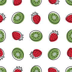 Hand drawn fruit seamless pattern with fresh kiwi and strawberry. Good for wallpaper, fabric pattern, backdrop, wrapping paper etc.