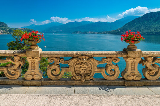 The gardens of the Villa del Balbianello in the municipality of Lenno overlooks Lake Como located at the tip of the small wooded peninsula of Dosso d'Avedo on the western shore of Lake Como, Italy. Ju