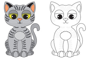 Simple coloring illustration for children with gray cat on a white background