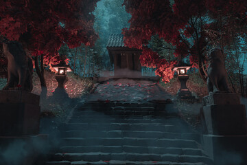 3d rendering of a japanese shrine at night with red maple trees and fog - obrazy, fototapety, plakaty