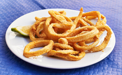  Plate of fried calamari on paper surface