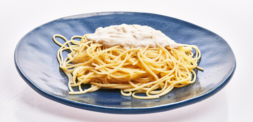  Plate of italian spaghetti pasta with carbonara sauce over white isolated background