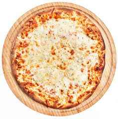  Wooden plate of 4 cheese italian pizza over white isolated background