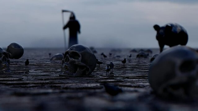 Fearful Death Executioner and Skulls on the Ground
. High Quality Background Animation

