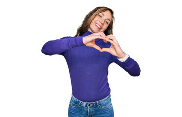 Young blonde woman wearing casual clothes smiling in love doing heart symbol shape with hands. romantic concept.