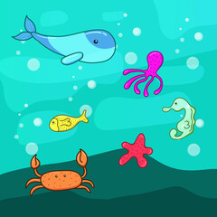 bundle set of sea animals underwater illustration
