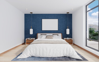 Mockup para cuadro en dormitorio con pared azul