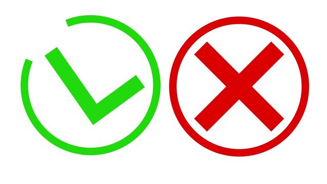 Check mark and Cross sing Animation on White Background. Yes and No Button. Green Tick and Red Cross signs with circle. Approve and Disapprove Concept