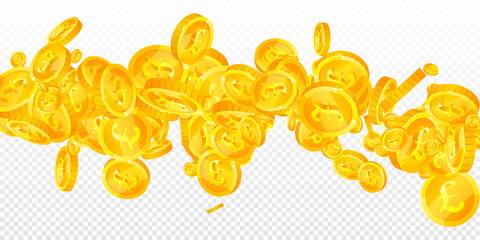 British pound coins falling. Ideal scattered GBP coins. United Kingdom money. Classic jackpot, wealth or success concept. Vector illustration.
