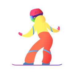 Snowboarder keeps his balance and rolls on snowboard in bright ski suit, goggles, and protective helmet. Active sport.