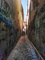 Narrow street with walls with graffiti and street art, Ljublana, Slovenia