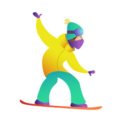 Snowboarder keeps his balance and rolls on snowboard in bright ski suit, goggles, hat and balaclava. Active sport.