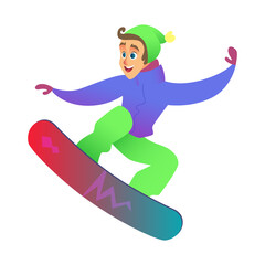 Snowboarder keeps his balance and rolls on snowboard in bright ski suit, hat. Active sport.