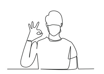 masked man making okay sign with his hands. masked, vaccinated happy person protected from disease