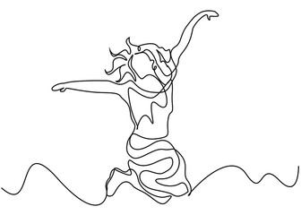 very happy woman jumps into the air and opens her arms