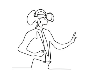 woman using vr realistic glasses touching something with her hand