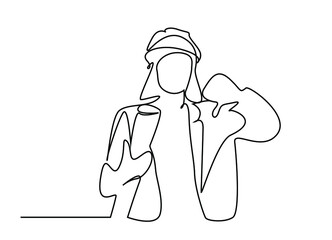female architect holding her project and making a dislike sign with her other hand