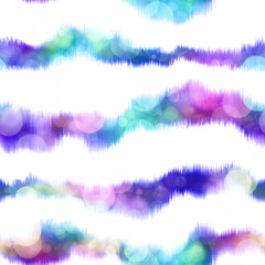 Seamless seventies tie dye stripe bokeh texture. Hippie summer wavy striped repeat background with ink dyed effect.