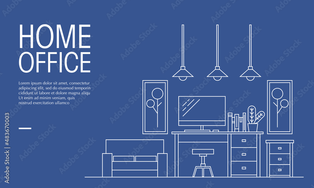 Poster vector illustration of office workspace in outline style. suitable for design element from home offi