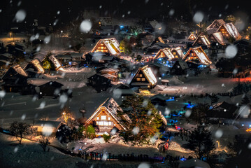 Shirakawago Light Up Illumination Event in Winter Snow at Night, Japan