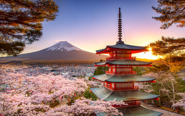 Chureito Pagoda and Fuji Mountain in Spring Season at Sunset, Fujiyoshiada, Yamanashi, japan - obrazy, fototapety, plakaty