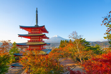 Fuji Mountain and Chureito Pagoda in Autumn Morning, Fujiyoshida, Yamanashi, japan