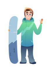 A cheerful snowboarder holds a snowboard and waving. A man in a bright ski suit and a cap with a ponmon