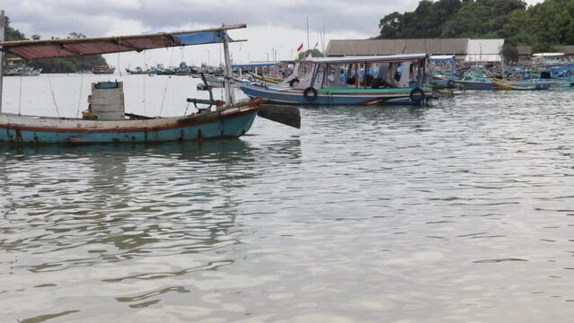 indonesia tourist boat on the sea coast of the tropical island of bali. Exotic Asian travel destination background