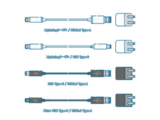 USBケーブルと充電器のセット - obrazy, fototapety, plakaty