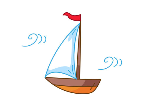 Sailboat, ship with outline. Vector illustration in cartoon childish style. Isolated funny clipart on white background. cute print.