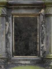 blank black old surface with a worn gold frame on a weathered stone decoration of an ancient monument with columns, such as a mausoleum or a graveyard - epic background for an epitaph - obrazy, fototapety, plakaty