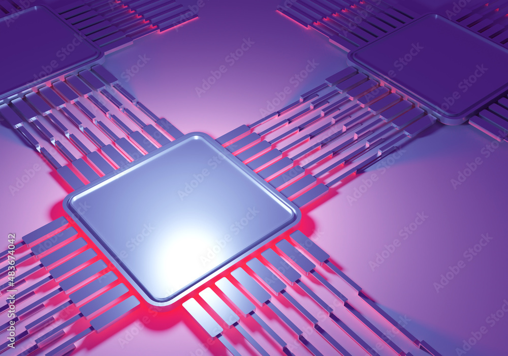 Poster Computer background. Wallpapers on theme of electronics. Purple lines of processor. Abstract technology background. Microchip pattern. Texture of technological chips. PCB element. 3d rendering.