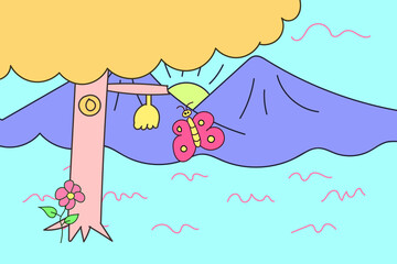 hand drawing summer illustration with mountain, trees, flower, butterfly