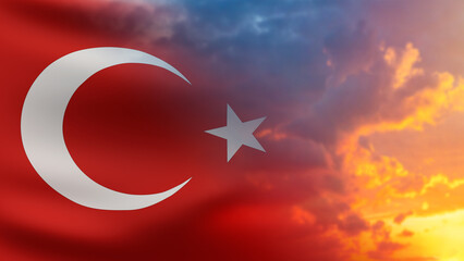 Obraz premium Turkish background. Heavenly sunset in colors of flag of Turkey. White crescent moon and star on background of clouds. Turkish Republic banner. Symbols of Turkey at sunset. State patriotic symbol