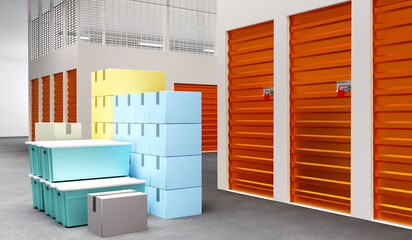 Storage units. Multicolored boxes at warehouse. Warehouse for personal storage. Rental of warehouse Units. Boxes near doors in storage room. Concept renting place for personal belongings. 3d image.