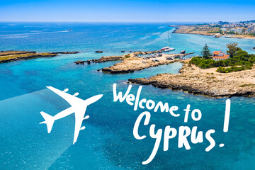 Air Travel in Cyprus. Airplane silhouette and logo welcome to Cyprus. Air Tourism in Mediterranean...