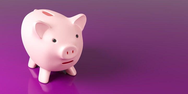 Piggy bank for saving money. Metaphor of bank deposit. Saving earnings. Economy money concept. Piggy bank on purple. Economy of money to buy something. Place for advertising inscription. 3d rendering