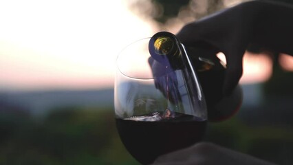 Celebratory red wine drink glass pouring at sunset