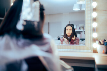 Funny Woman Looking in the Mirror at Hair Salon
