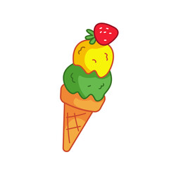 Ice cream in a waffle cone with a contour. Dessert of pink, green and yellow color of rastomaniacs. Vector illustration in cartoon childish style. Isolated funny clipart. cute print.