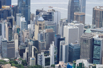 aerial view of the cityscape at Victoria Harbor.