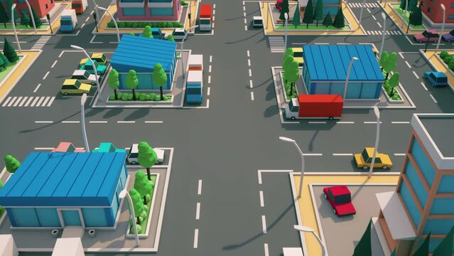 3d cgi animation of a colorful low poly city, videogame sim city flat style with buildings, cars, trees and roads. 4k Motion graphics looping background 
