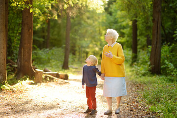 Elderly grandmother and her little grandchild walking together in sunny summer park. Grandma and...