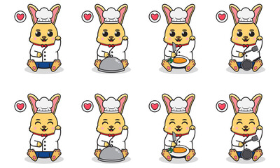 Vector Illustration of Cute Rabbit with Chef costume siting and hand up pose. Set of cute smile Bunny characters. Flat icons in cartoon style.