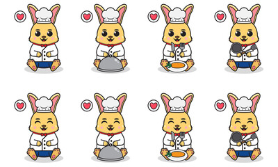 Vector Illustration of Cute sitting Rabbit with Chef costume. Set of cute smile Bunny characters. Flat icons in cartoon style.