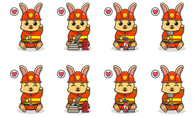 Vector Illustration of Cute Rabbit with Firefighter costume siting and hand up pose. Set of cute smile Bunny characters. Flat icons in cartoon style.