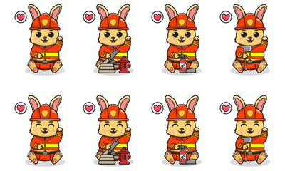 Obraz premium Vector Illustration of Cute Rabbit with Firefighter costume siting and hand up pose. Set of cute smile Bunny characters. Flat icons in cartoon style.