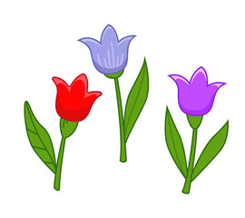 Set of multicolored tulips. Vector illustration of a flower in a cartoon childish style with an outline. Isolated funny clipart on white background. cute summer print.