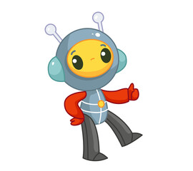 Happy cute alien in a spacesuit shows a class sign. Vector illustration in cartoon childish style. Isolated funny clipart on white background. Astronaut seal.