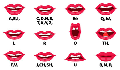 Fototapeta na wymiar Female lip sync collection for animation mouth animation phoneme mouth chart alphabet pronunciation isolated